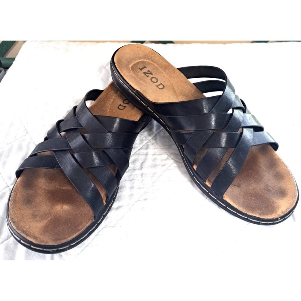 Izod Women's 8.5 Black Slaight Strappy Sandals Flats Slip-Ons